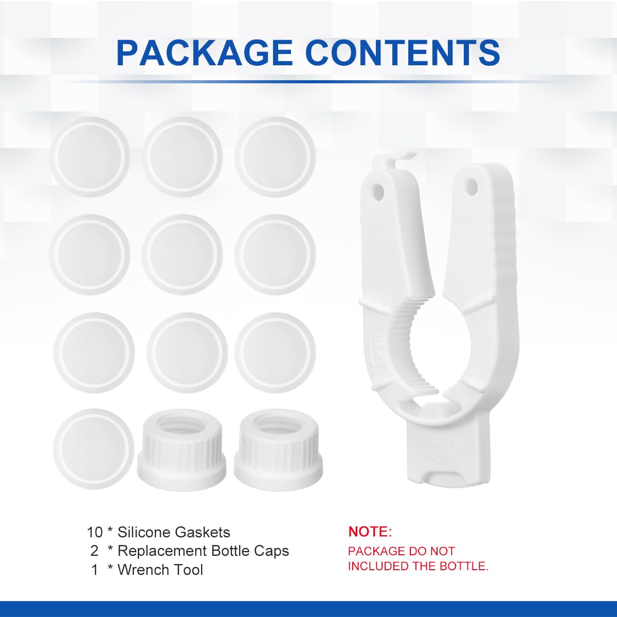 package contents: 10 * ailicone gaskets; 2 * replacement bottle caps;1 * wrench tool. （package do not inclued the bottle)