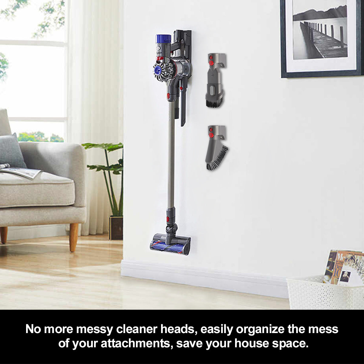 no more messy cleaner heads, easily organize the mess of your attachements, save your house space