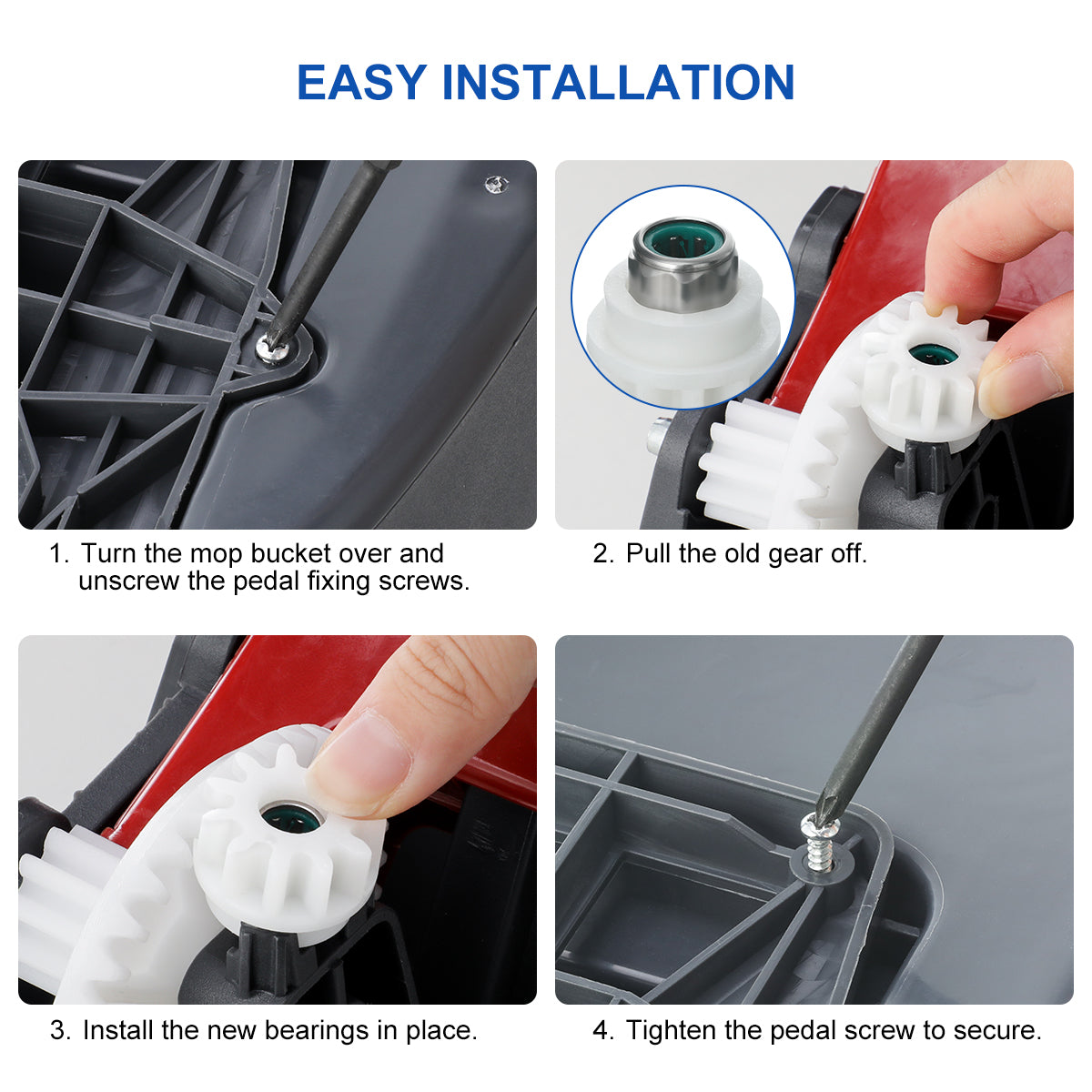 easy installation: turn the mop bucket over and unscrew the pedal fixing screws, pull the old gear off, install the new bearings in place, tighten the pedal screw to secure.