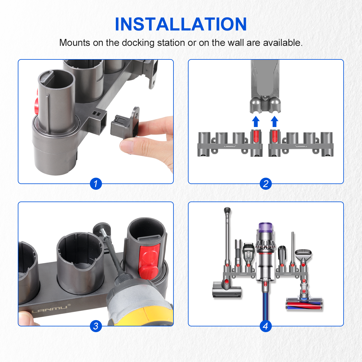 installation: mounts on the docking station or on the wall are available.
