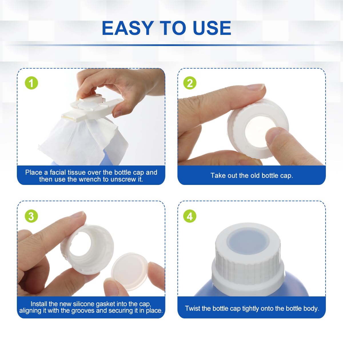 how to use replacement bpttle cap : 1. place a facial tissue over the bottle cap and then use the wrench to unscrew it; 2. take out th old bottle cap; 3.install the new silicone gasket into the cap, aligning it with the grooves and securing it in place; 4.twist the bottle cap tightly onto the bottle body.
