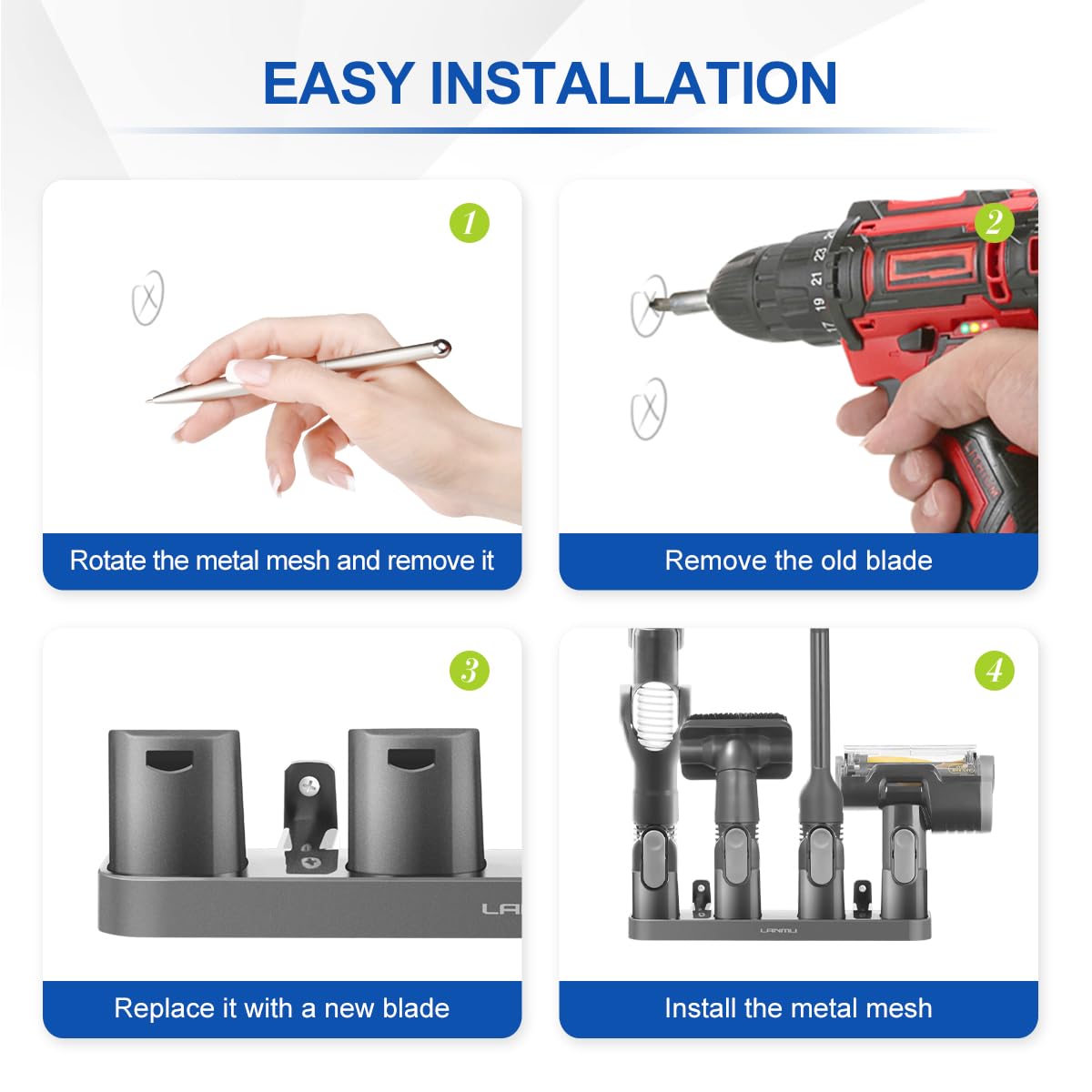 easy installation： rotate the metal mesh and remove it， remove the old blade， replace it with a new blade， install the metalimesh