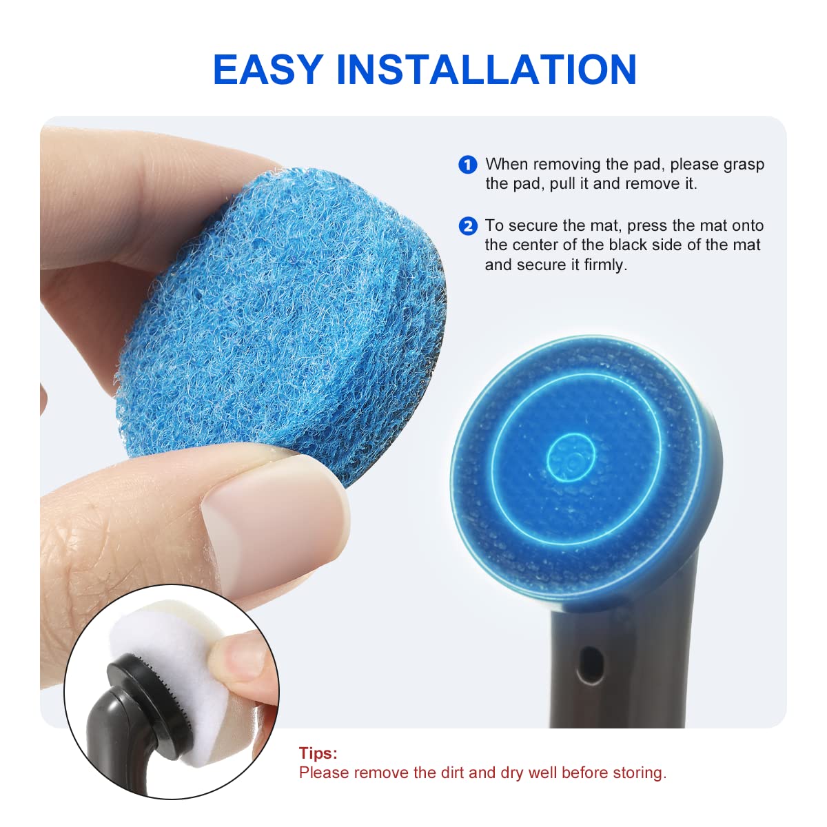 Easy installation:  When removing the pad, please grasp the pad, pull it and remove it. To secure the mat, press the mat onto the center of the black side of the mat and secure it firmly.