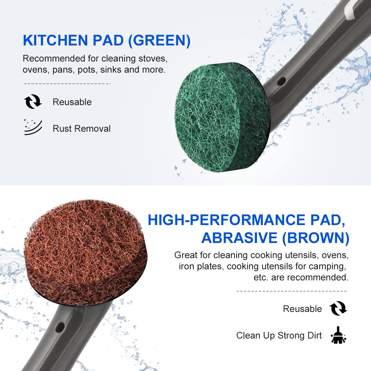 the brown polishing pad effectively removes burnt food and stubborn dirt; the green kitchen pad is a great help to clean almost all types of dirt and make stoves, ovens, pans, pots and sinks look great again; 