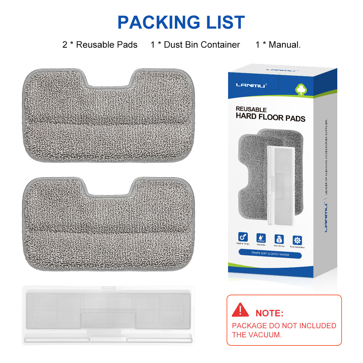 Package included 2 washable microfiber mop pad refills, 1 dust bin container and 1 manual. (NOTE: PACKAGE DOES NOT INCLUDE THE VACUUM.)